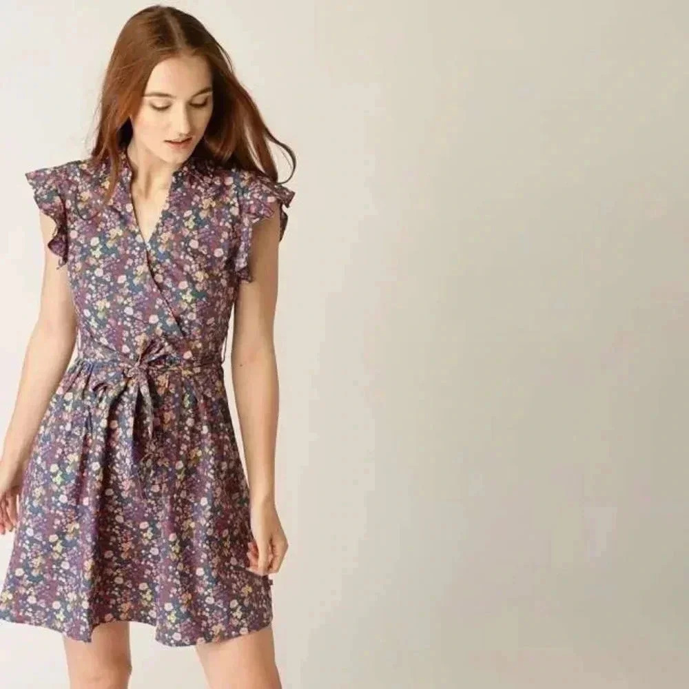 United colors of Benetton floral ruffle sleeve wrap dress with belt XS - Picture 4 of 7